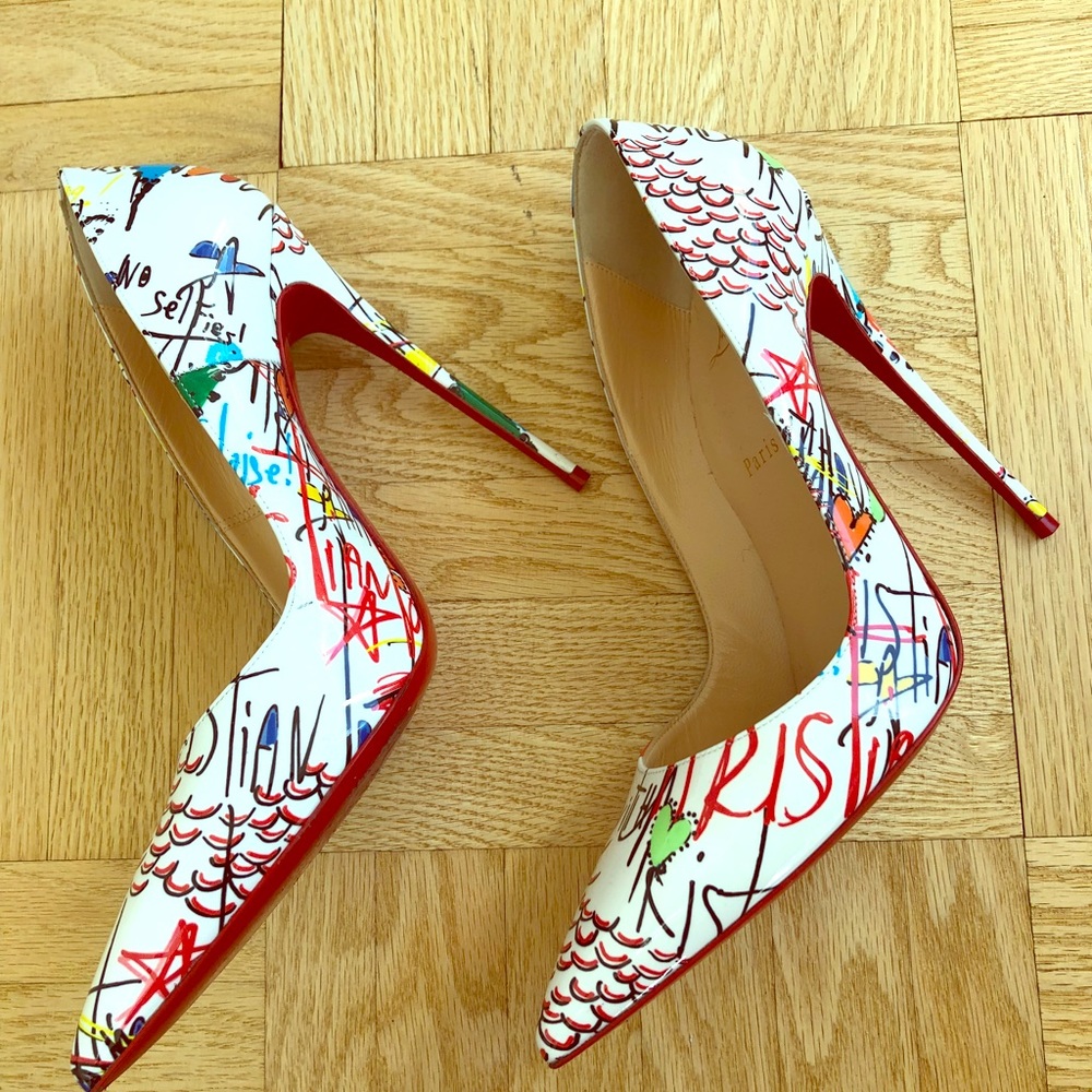 Christian Louboutin White Graffiti Print Pointed Stiletto Pumps